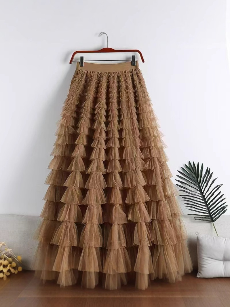 2024 Autumn Multi-Layered Mesh Patchwork Cake Skirt A-Line Slimming Midi Skirt for Women with High-Waisted Design and Large Hem