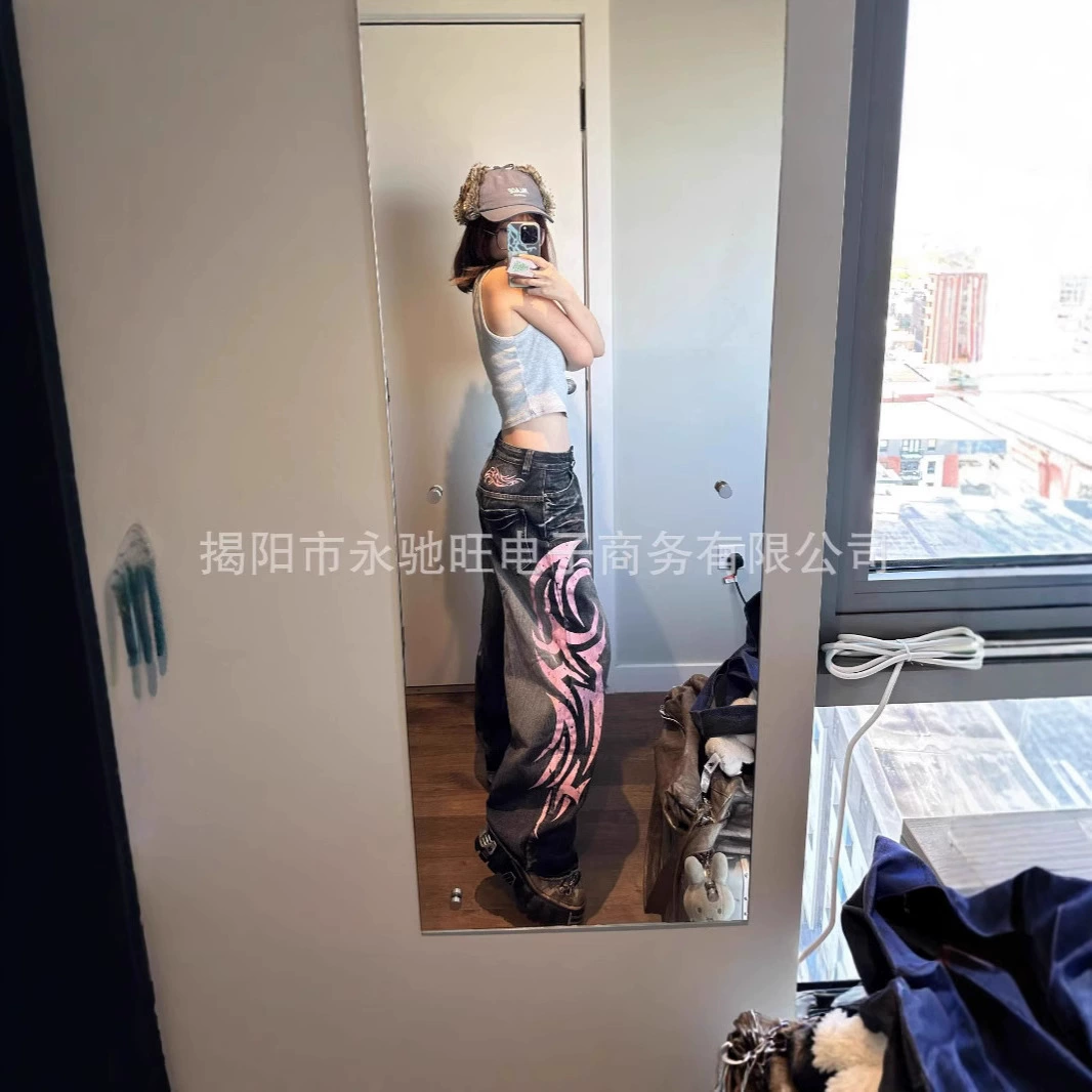 Трансграничные прямые американские новые персонализированные принты модные джинсовые брюки Японские свободные повседневные прямые брюки