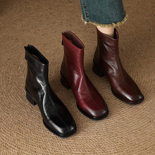 安可拉红粗跟短靴女配裙子擦色做旧方头靴子头层牛皮2025秋冬新款