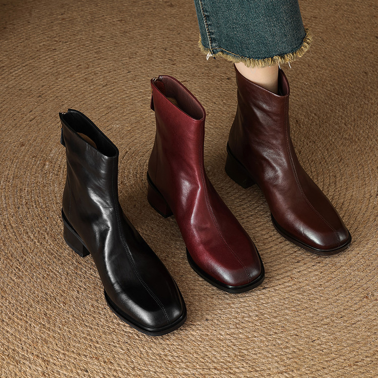 安可拉红粗跟短靴女配裙子擦色做旧方头靴子头层牛皮2025秋冬新款