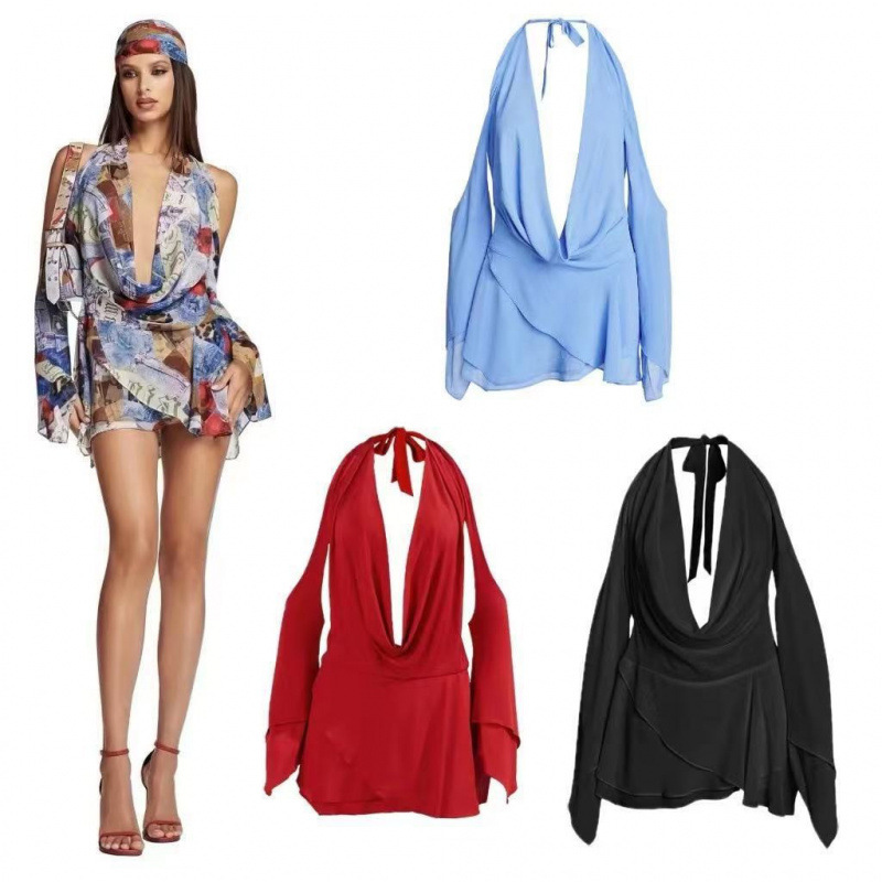 Iamgia European and American Sexy Hot Girls Street Deep V Low Collar Shoulder Open Back Long Sleeve Draped Neck Strap dress