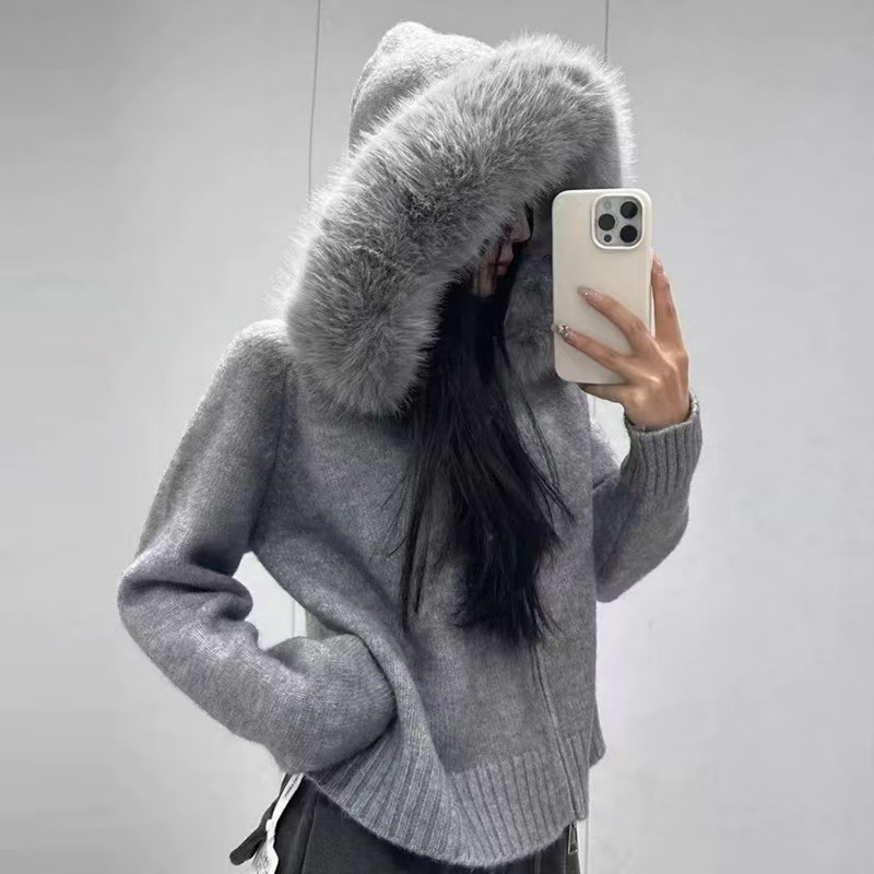 秋冬新款纯色拉链针织毛衣女开衫宽松休闲慵懒风长袖毛领连帽外套|undefined