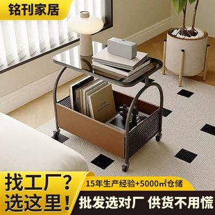Side Table Movable Living Room Sofa Side Cabinet Bedroom Bedside Table Balcony Small Table Cream Style Glass Wheeled Coffee Table