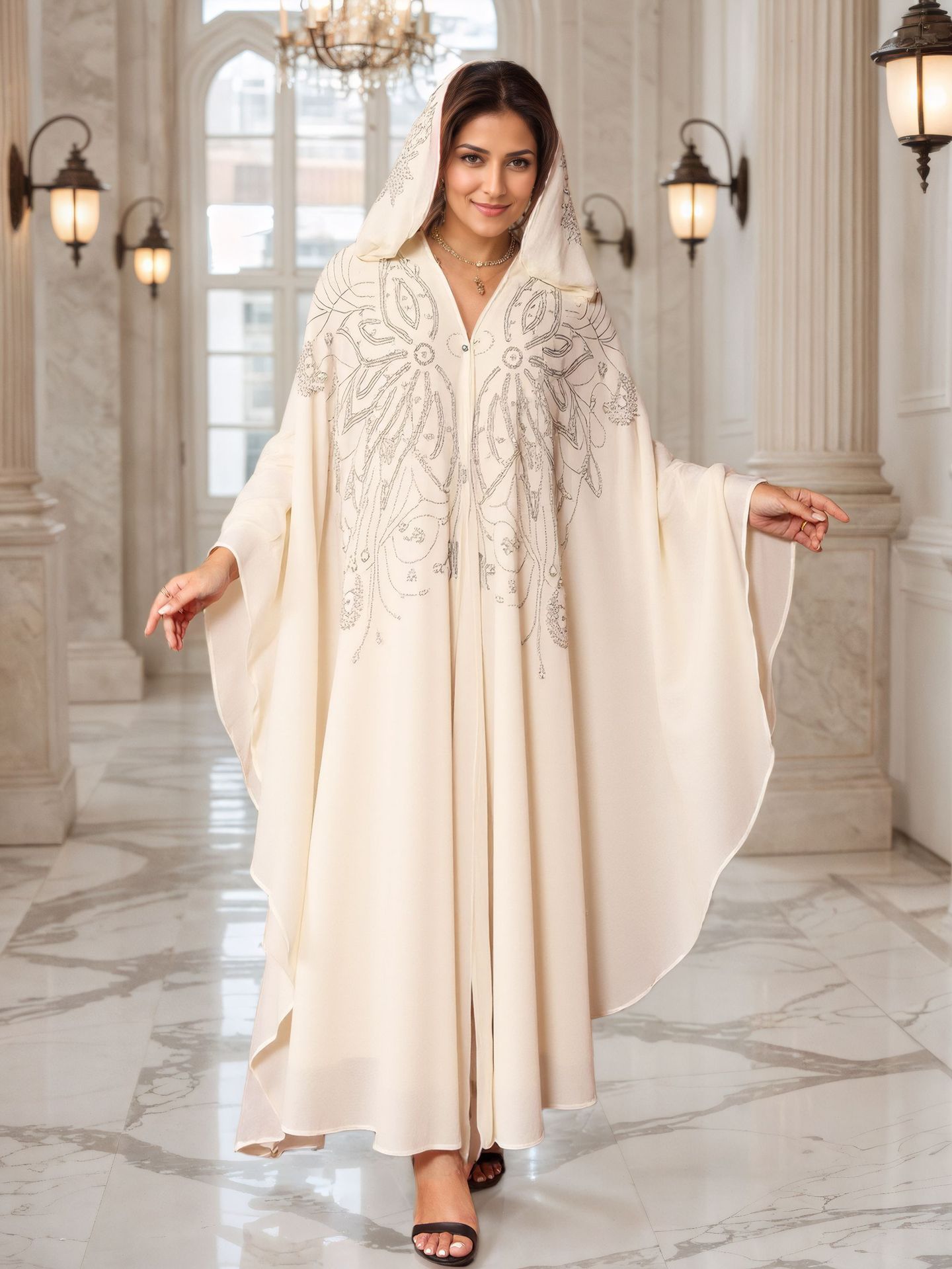 Caftan avec foulard – Robe longue brodée à manches longues (taille unique, motif floral/noir/blanc/violet foncé/bleu/kaki)_voghion.com