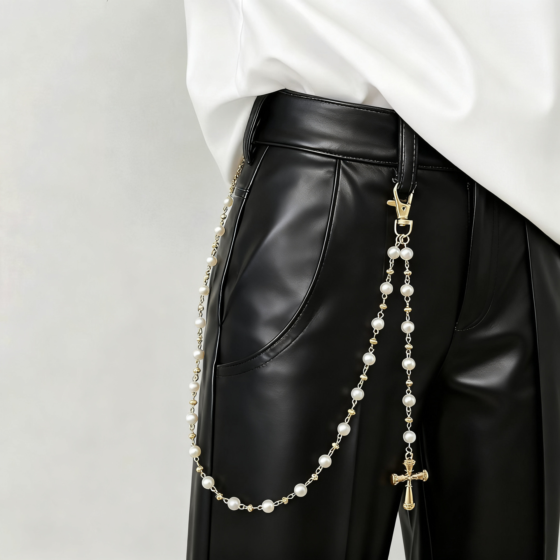 亚马逊热销十字架吊坠裤链嘻哈潮流仿珍珠配件双层百搭裤链腰链女