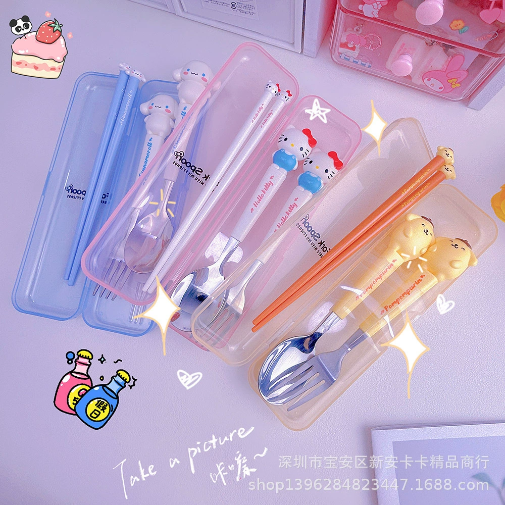 Sanrio, cute tableware, set for elementary school students, chopsticks stainless steel, 3 piece set, increased thickness