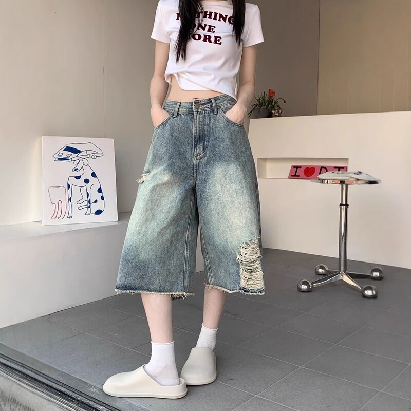 Plus-size vintage American-style ripped jeans for women, wide-leg pants, summer distressed high-waisted loose straight cropped pants