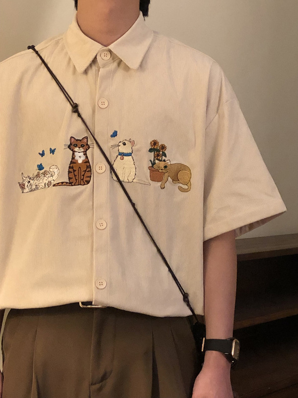 Nagawl Summer Japanese Style Retro Preppy Style Cat Embroidered Corduroy Shirt Casual Short-Sleeved Shirt Top for Men