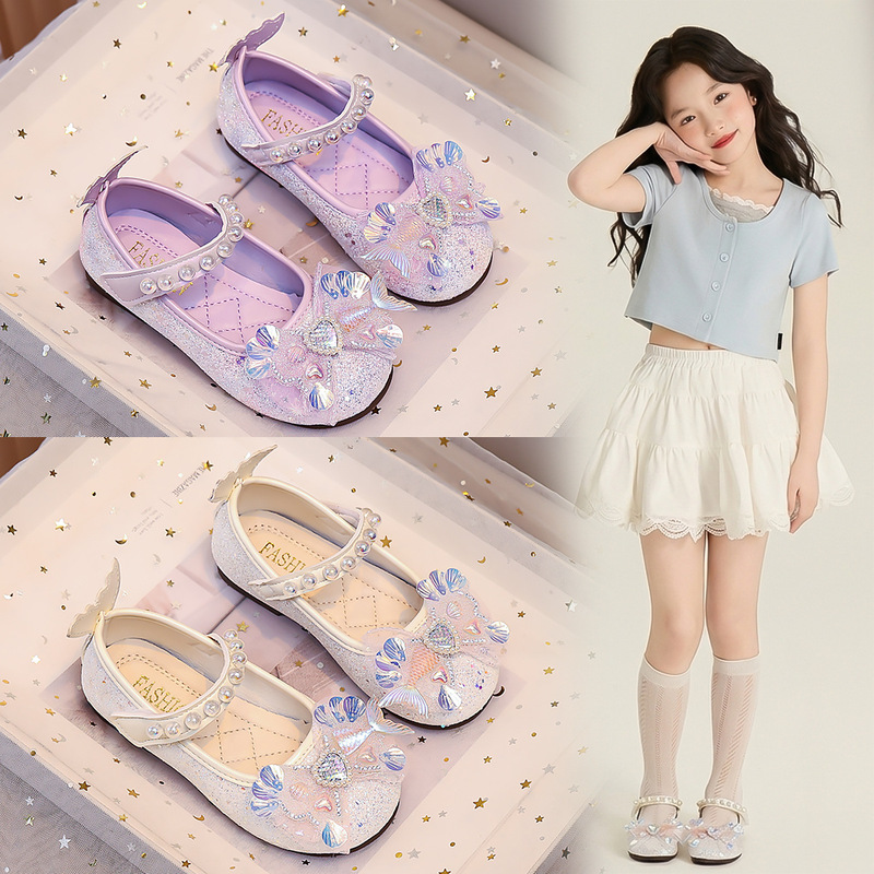 Girls' Princess Shoes 2026 New Spring Children's High-Heeled Shoes Elsa Shoes Girls' Crystal Shoes Mermaid Leather Shoes