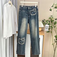 230斤の大きいサイズのジーパンの春の服装の婦人服の新型の太ったMMの韓国版の高い腰の毛の辺の漫画のまっすぐな筒のズボンの6061