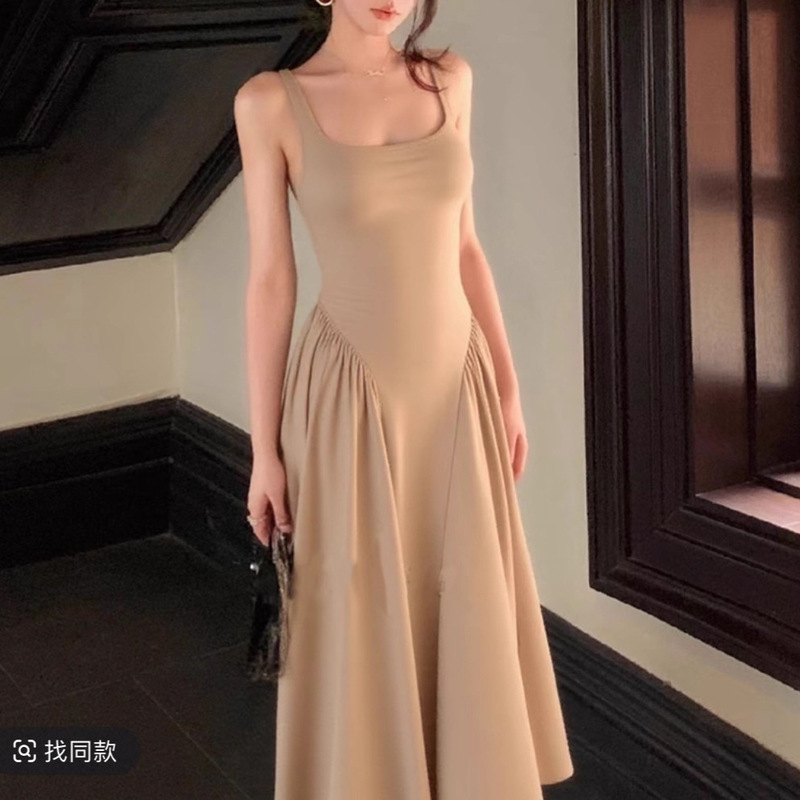 查理专属法式气质方领吊带连衣裙高级感收腰显瘦A字大摆长裙女|undefined