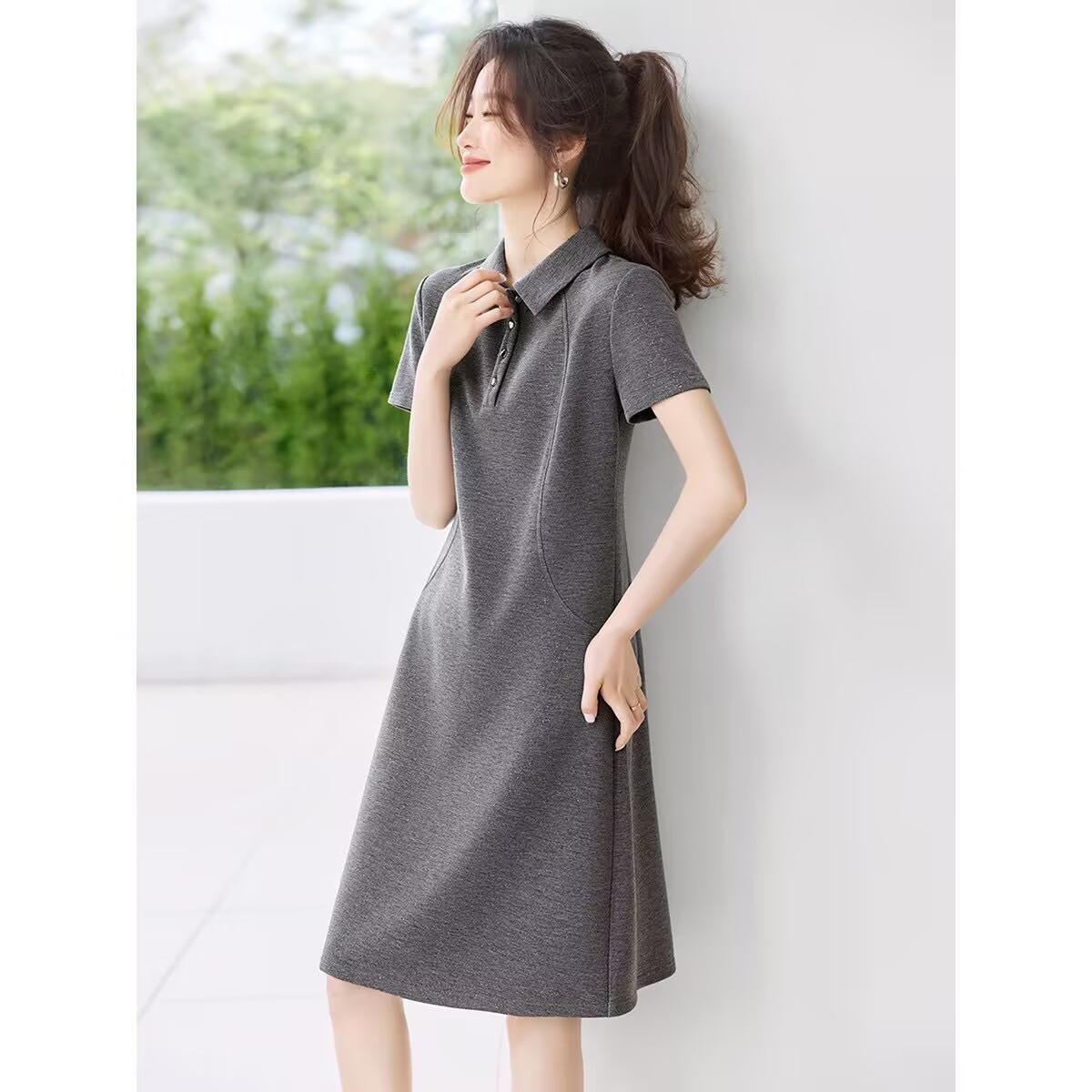 Váy liền thân sequin eo thon cổ POLO tay ngắn — xám chi tiết 4