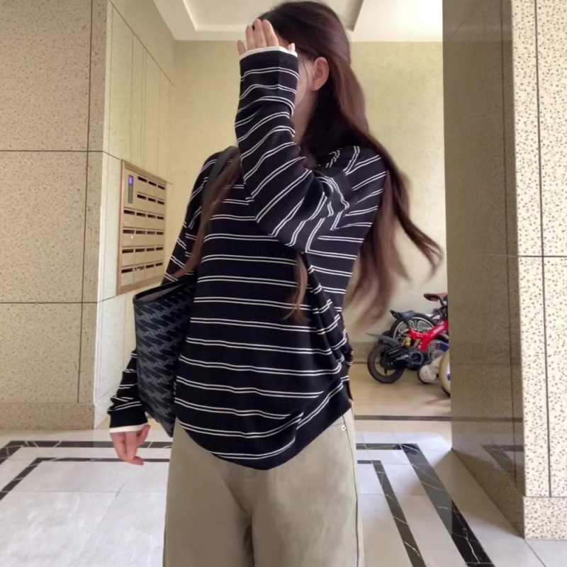 早秋季长袖t恤女2025新款设计感韩系慵懒黑白条纹针织polo衫上衣|undefined
