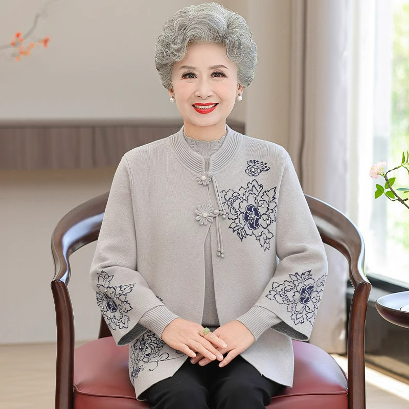 新しい高齢者の秋の服の女性のおばあさんのニットのセーターのコートのお母さんの秋冬の祝い事の2つのセットの結婚式の服|undefined