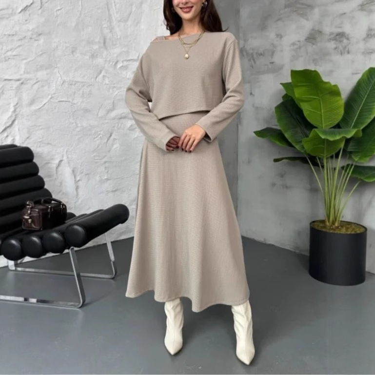 2025 European and American Clothing Amazon One-Shoulder Knitted Top Bottoming Knitwear + Skirt Two-Piece Suit