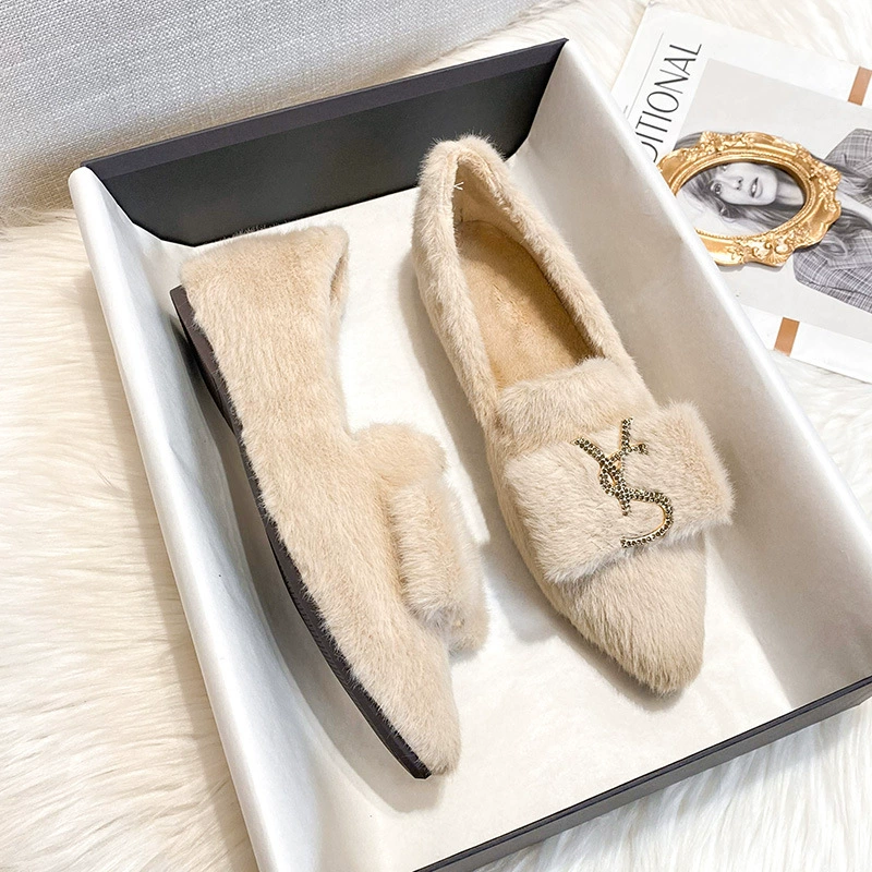 Furry shoes for women's outer wear winter plus velvet cotton scoop shoes mink velvet rabbit edamame shoes warm large size women's shoes 41 to 43