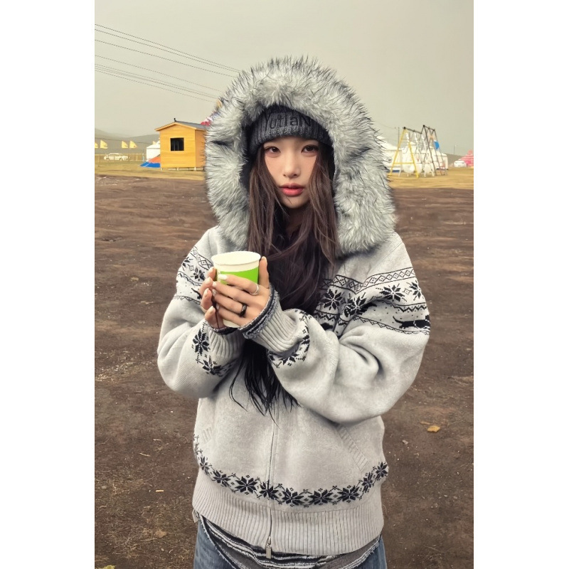 Lazy Style Fair Isle Fur Collar Hooded Sweater Jacket for Women 2025 Autumn and Winter Design Loose Thick Knitted Cardigan