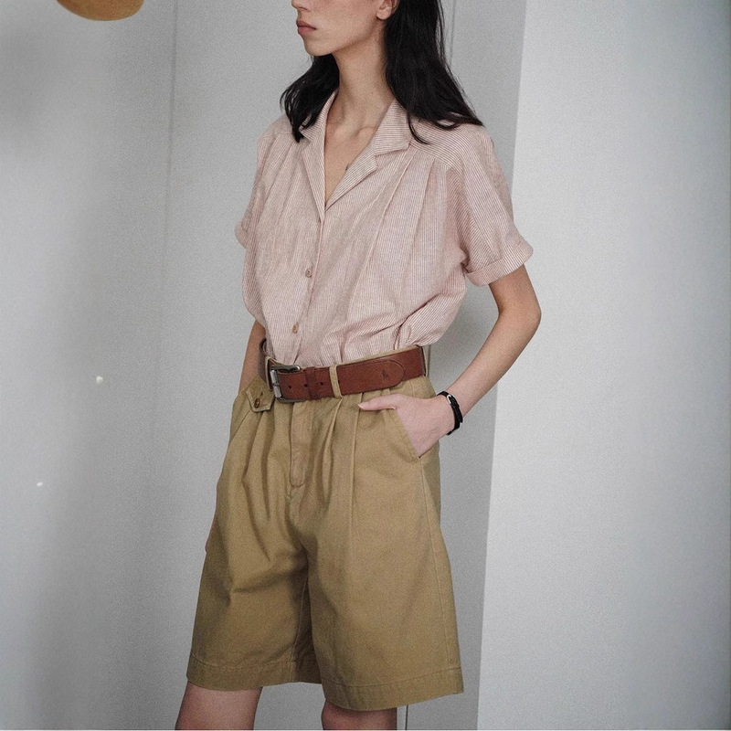 High-Density Organic Cotton Raglan Rolled Edge Sleeves Cuban Collar Stripesd Short-Sleeved Shirt for Women