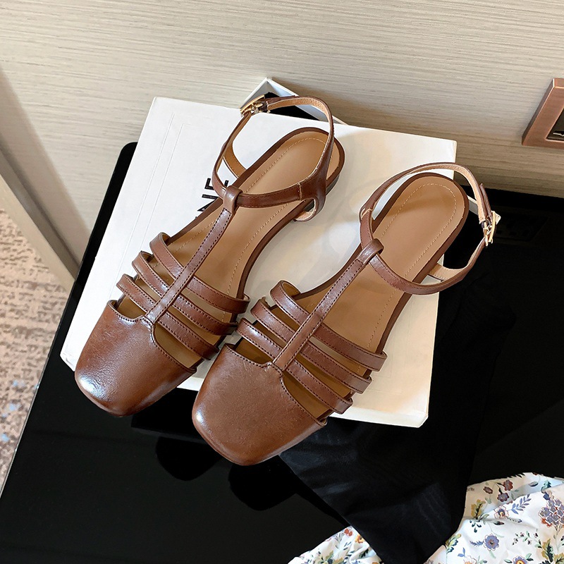 Sandal nữ đế bằng da bò lớp đầu quai chữ T dệt cổ điển — Màu nâu chi tiết 14