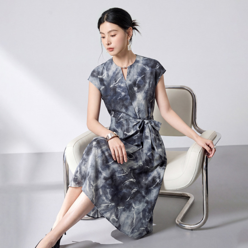 Silk Blend Ink Wash Dress, Summer V-Neck, Cap Sleeves, Tie Waist, Slimming, Elegant Silk Long Dress 5013 Silk Blend Ink Wash Dress, Summer V-Neck, Cap Sleeves, Tie Waist, Slimming, Elegant Silk Long Dress 5013