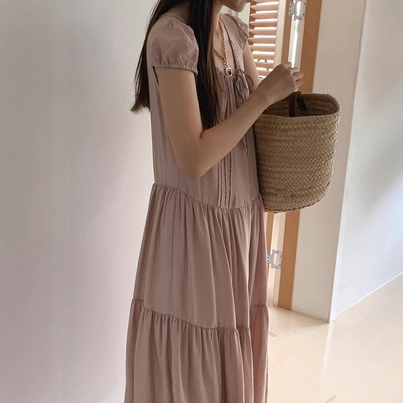 in stock Solid Color Stitching Drawstring dress Summer Women's Korean Designer Loose Long Dress maybeba * y in stock Solid Color Stitching Drawstring dress Summer Women's Korean Designer Loose Long Dress maybeba * y