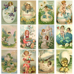 美式Easter女孩兔子小雞裝飾賀卡跨境復活節復古系列明信片批發