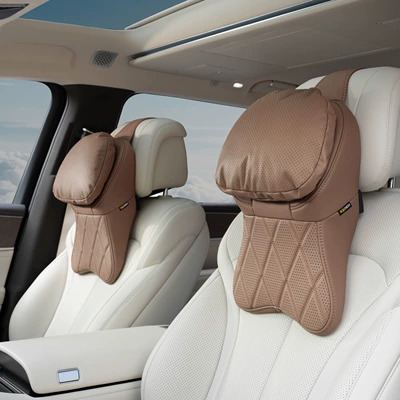 Headrest: Headrest and Neck Pillow - aircraft-headrest-pillow-double-layer-stain-resistant-leather-chestnut-brown-pair