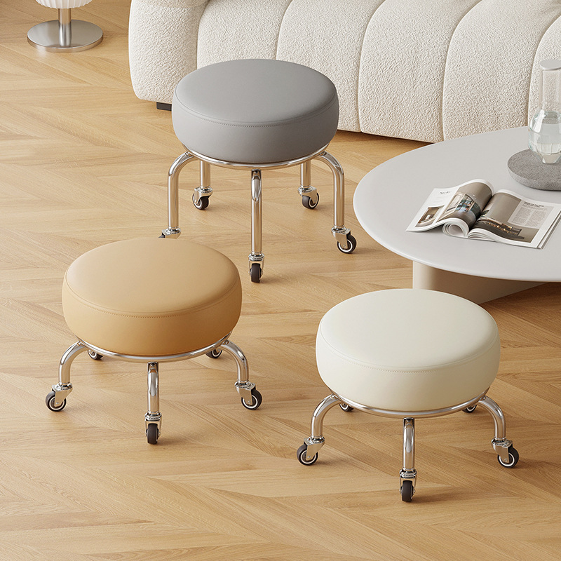 Swivel Caster Low Stool with Beautiful Seams, Small Stool for Home Use, Silent Toddler Round Stool with Wheels, Mobile Chair with Backrest