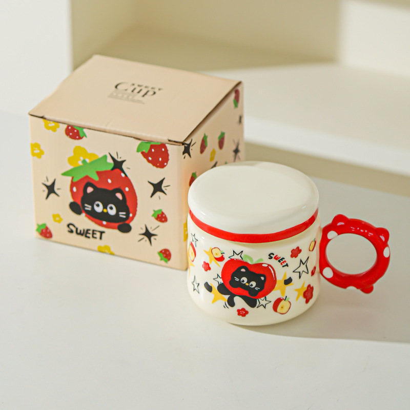 Regalo de cumpleaños Taza de dibujos animados para novias Taza de cerámica con tapa Regalo de mano Taza de agua para gatos lindos