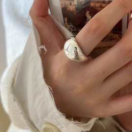 S925纯银简约小众大光面椭圆开口戒指女时尚食指环胖墩墩宽面戒