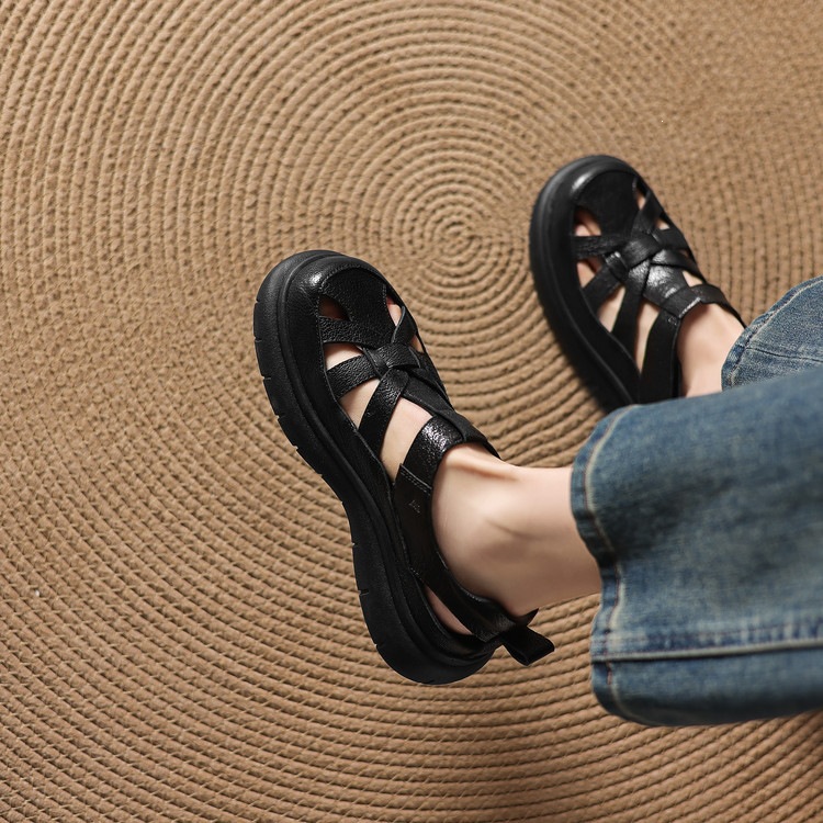 Sandal nữ đế dày da cừu phối quai ngang phong cách học đường — màu đen, màu trắng ngà chi tiết 78