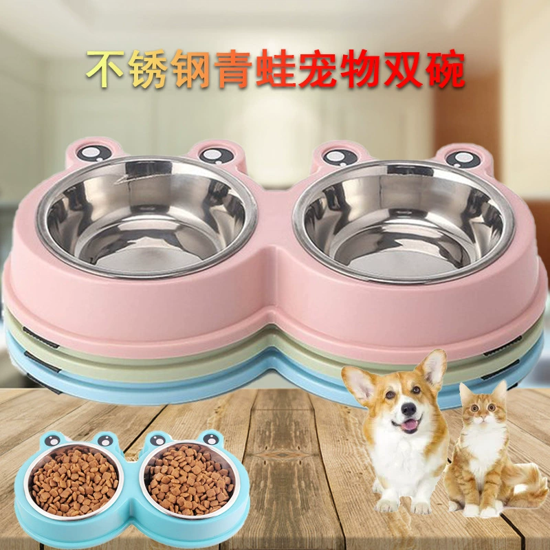 Новая Двойная чаша с лягушкой из нержавеющей стали, многофункциональная миска для собак, миска для корма для собак, автоматическая миска для питьевой воды, рисовая миска, нескользящая износостойкая миска для кошек