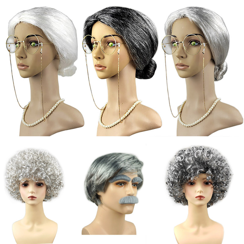 Grandma grandpa dress up wig old lady gray curly hair silver ball head hair knot old lady hair buds suit Grandma grandpa dress up wig old lady gray curly hair silver ball head hair knot old lady hair buds suit