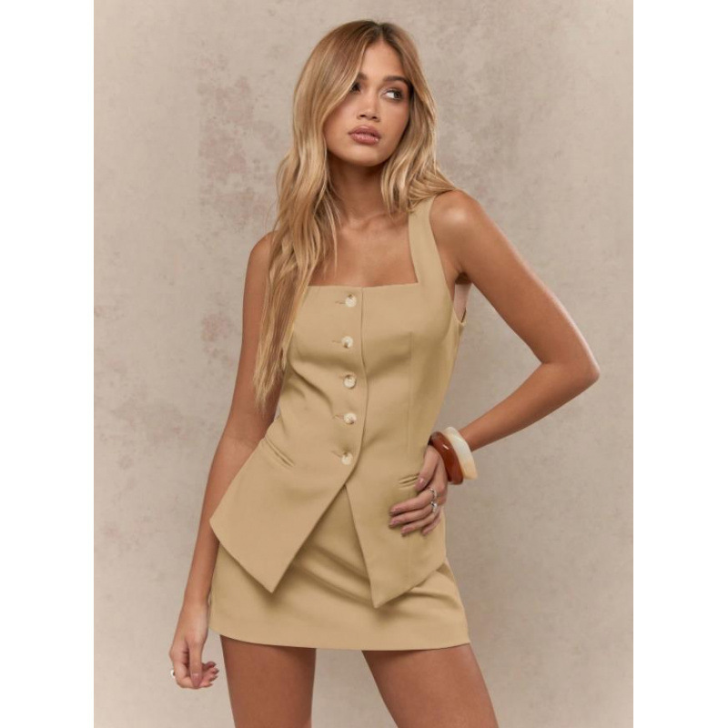 亚马逊Missguided Street纽扣方方颈无袖背心和迷你裙子两件|undefined