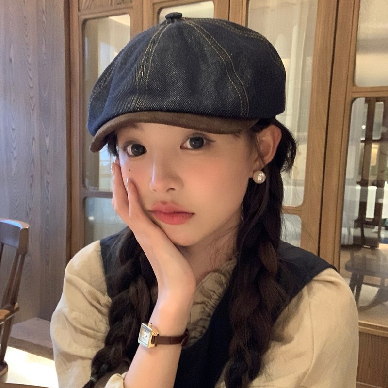 秋冬季新款牛仔短帽檐贝雷帽女日系文艺百搭前进帽显脸小休闲帽子|undefined