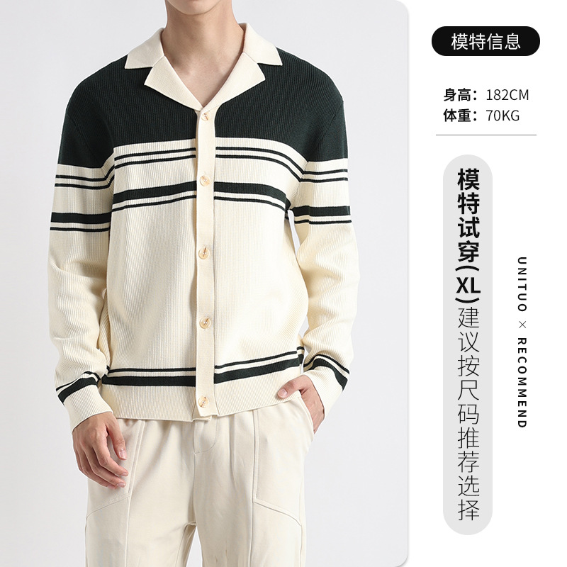 Hombres coreanos cuello cubano color contrastante botón de manga larga suéter de punto para hombre perezoso cardigán rayado chaqueta chaqueta para hombre