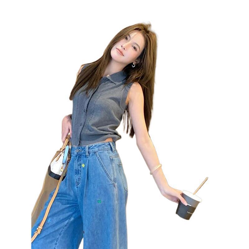 ドーパミングレーポロカラーニットアイスシルクノースリーブベストベストトップ女性の夏のショートTシャツ|undefined