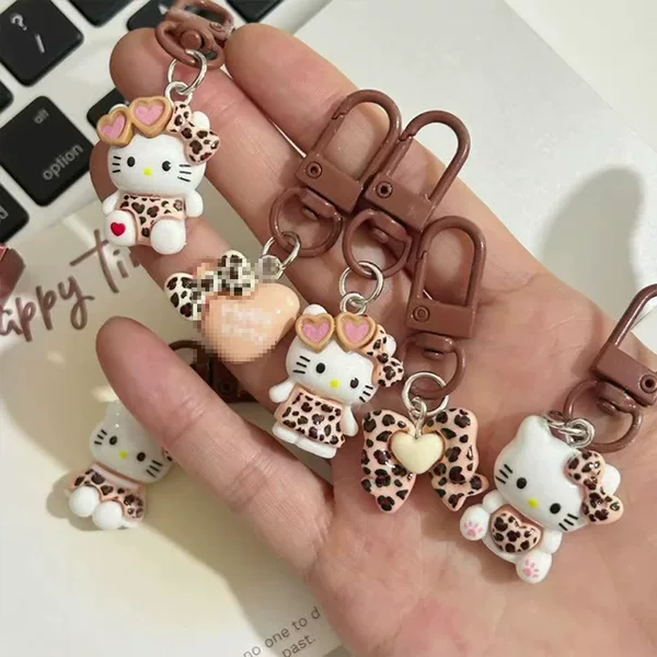Leopard Print Cartoon Kt Keychain Coffee Color Autumn and Winter Retro Cat Bag Pendant Sweet and Cute Style Pendant Jewelry