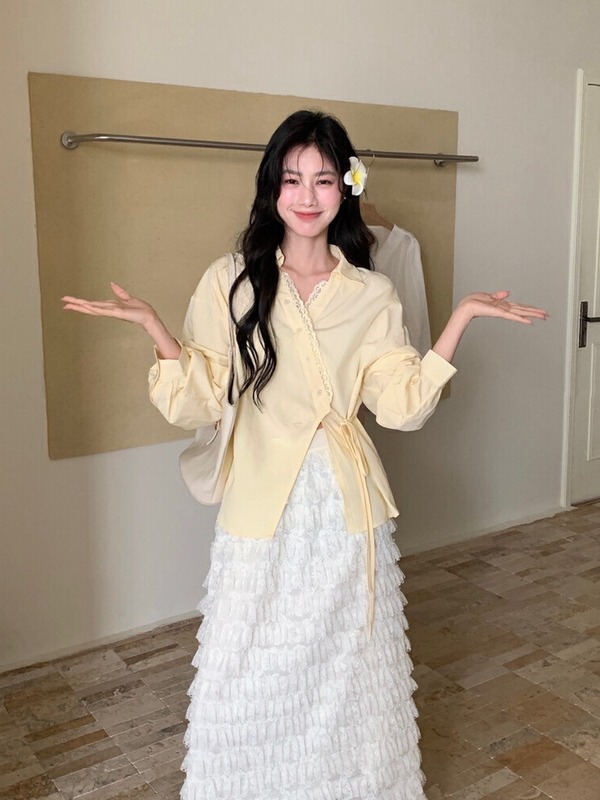 法式气质蕾丝边长袖衬衫女秋季外搭设计感小众侧绑带漂亮小衫|undefined