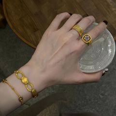 法式中古风贝雕花素圈开口轻奢戒指老钱风拉丝环环相扣椭圆形手链