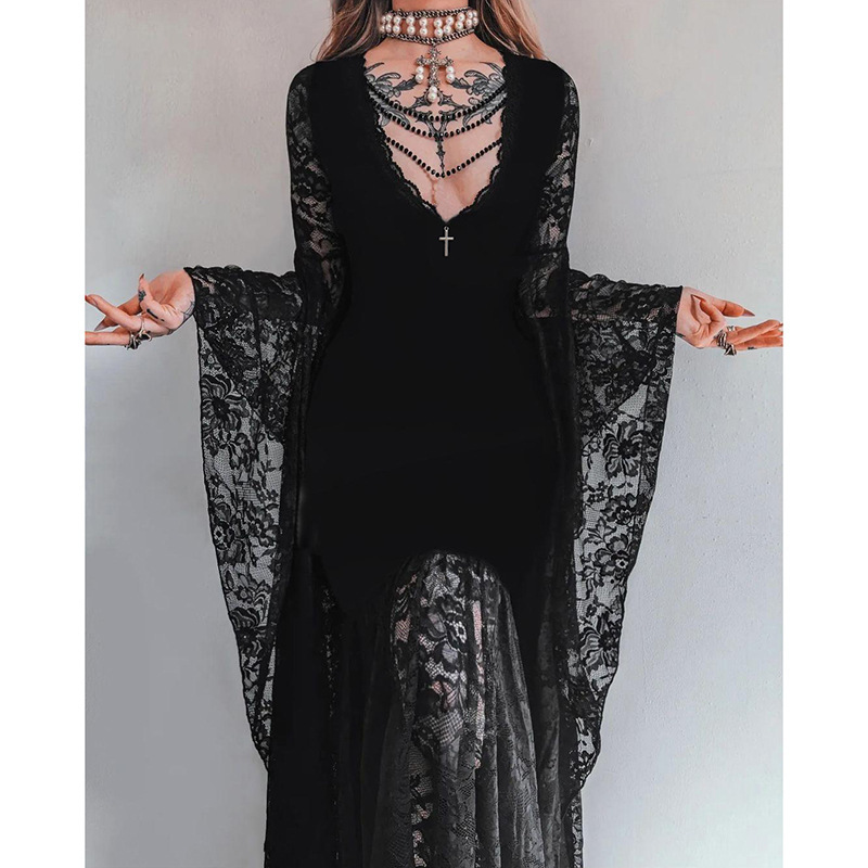 Xy24358 Dark Style Batwing Sleeve Lace Patchwork Velvet Dress New Gothic Style Cosplay Halloween Long Dress