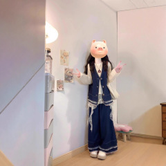 大码女装秋季新款微胖mm显瘦遮肚马甲背心阔腿裤时尚牛仔三件套女