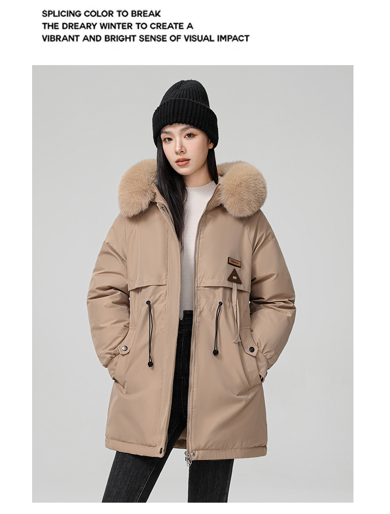 2024 foreign trade overcomes women's winter new Korean version waist cinching slimming hooded big fur collar cotton_voghion.com