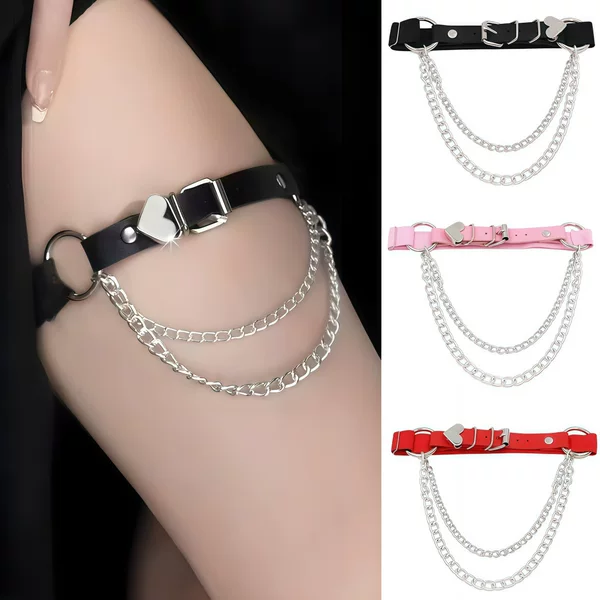 Eco-Friendly Pu Leather European and American Punk Gothic Style Pu Leather Irregular Garter Belt Heart-Shaped Chain Elastic Leg Ring