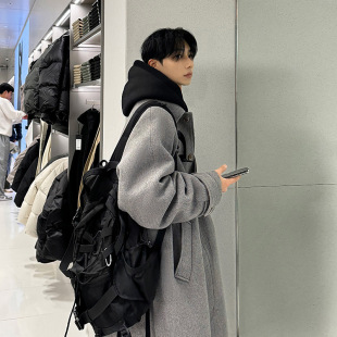 ASCLO Korean Style Fashionable Over-the-Knee Mid-length Warm Thickened Woolen Coat Grey High-end Loose Men's Coat