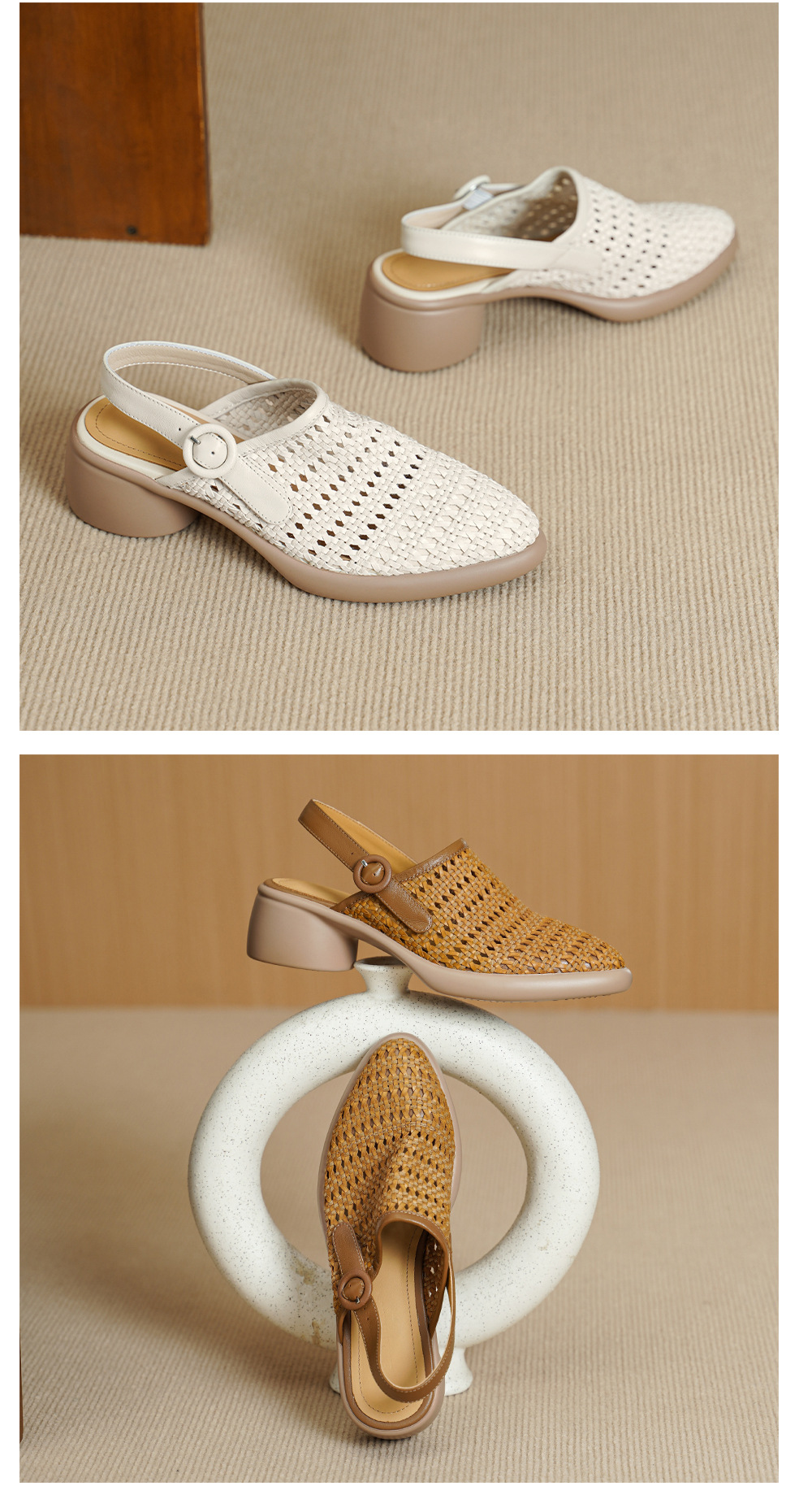 Sandal cao gót nữ mũi nhọn quai chữ T đan dây, gót thô 5 cm — Màu vàng đất chi tiết 12