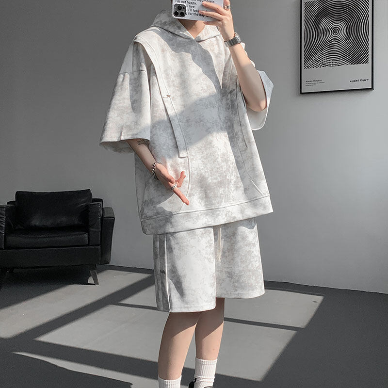 Gaipin American Tie-Dye Short-Sleeved Shorts Two-Piece Set Men's Summer Hooded T-Shirt Trendy Brand Loose plus size Casual suit