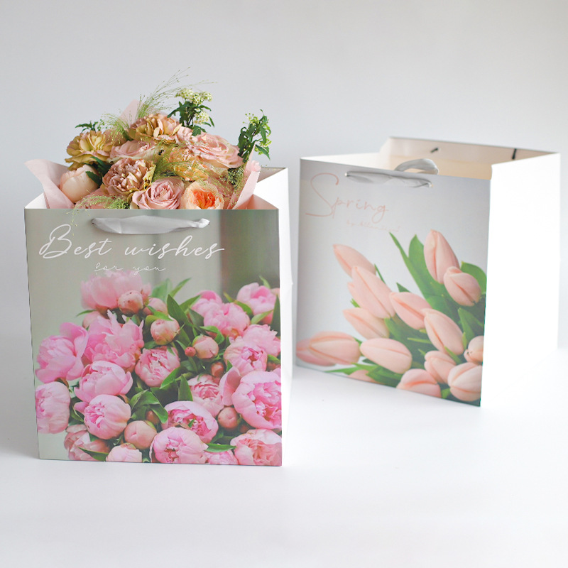 节日康乃馨芍药郁金香手提袋鲜花花束包装袋礼物礼品袋花艺批发