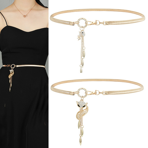 Korean style trendy small fragrant metal elastic fox fish pendant with dress decorative waist chain women's thin belt