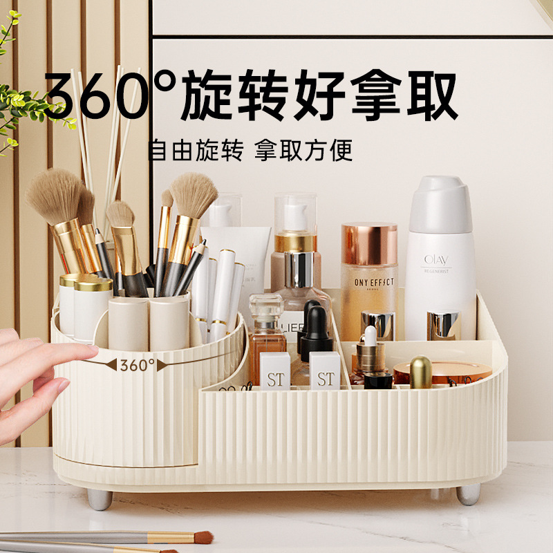 Caja de almacenamiento de cosméticos de escritorio a prueba de polvo comedor lápiz labial caja de acabado de productos de cuidado de la piel estante de almacenamiento giratorio transparente